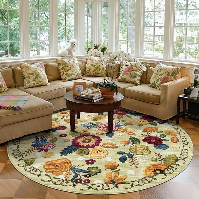 6ft Round Machine Washable Area Rug for Living Room, Green Vintage Boho Floral Rug Large Non-Slip Low Pile Soft Faux Wool Carpet, Kids and Pets Friendly for Bedroom Nursery Farmhouse Home Decor Rug