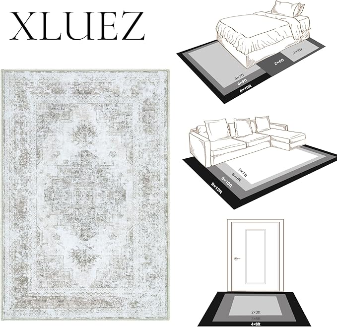 Area Rug 10x14 Living Room Rugs, Machine Washable Vintage Distressed Medallion Rug Non-Slip Soft Low Pile Large Indoor Rugs for Bedroom Kitchen Dining Room Office(Taupe,10'x14')