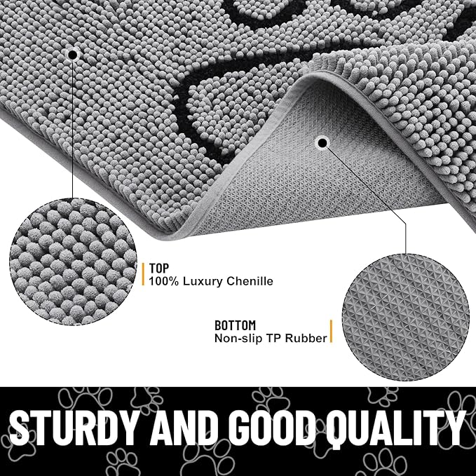 Smiry Dog Door Mat for Muddy Paws, Absorbent Dirt Trapper Non Slip Quick Dry Washable Chenille Mat for Mud Dogs, Entry Rug for Indoor and Outdoor (40x32 Inches, Grey and Black)