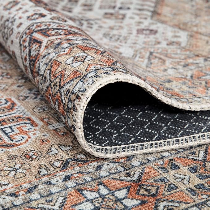 Bloom Rugs Washable Non-Slip 12 ft Runner - Sand/Orange/Purple Traditional Medallion Runner for Entryway, Hallway, Bathroom, and Kitchen - Exact Size: 2.5' x 12'