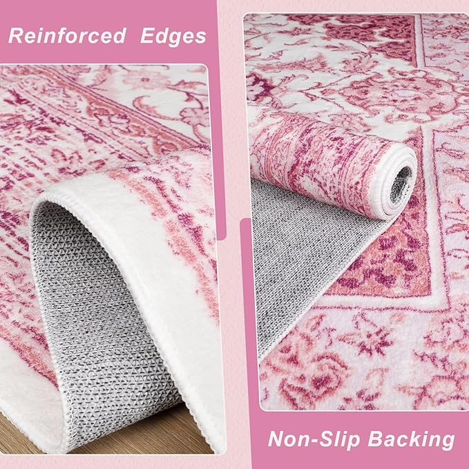 5x7 Bright Pink Area Rug for Living Room, Machine Washable Rugs with Non-Slip Backing for Girls Bedroom, Cute Vintage Carpet for Kitchen Laundry Kids Room
