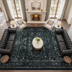 Black White Large 10x14 Area Rugs, Washable Non Slip Big Rug for Living Room Bedroom, Distressed Medallion Vintage Dark Big Carpet Rugs for Dinig Room Family Rooms, Low Pile Thin