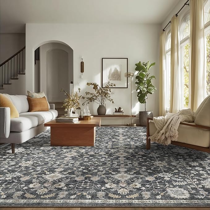 8x10 Washable Area Rugs Ultral Soft Non-Slip Stain Resistant Vintage Boho Large Carpet for High-Traffic Living Room & Dining Room