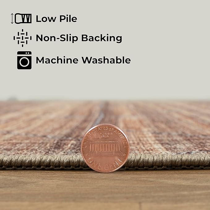 GLN Rugs Contemporary Collection - Machine Washable Area Rug, Contemporary Washable, Non Slip, Low Pile Chenille Rug, Living Room, Bedroom, Kitchen Rug (2' x 3' Terra/Brown)