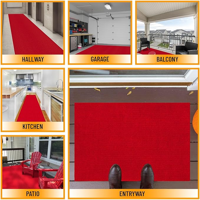 Ottomanson 6'6" x 13' Mud Mat Area Rug Scraper Carpet - Non-Slip, Dirt Trapping for Indoor & Outdoor Use - Ideal for Entryway, Garage, Kitchen, Patio & High-Traffic Areas, Red