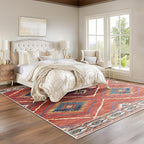 Area Rug 8x8 Rug Machine Washable Non-Slip Low Pile Print Pattern Western Rug for Living Room Bedroom Entryway Tribal Series -Red/Orange