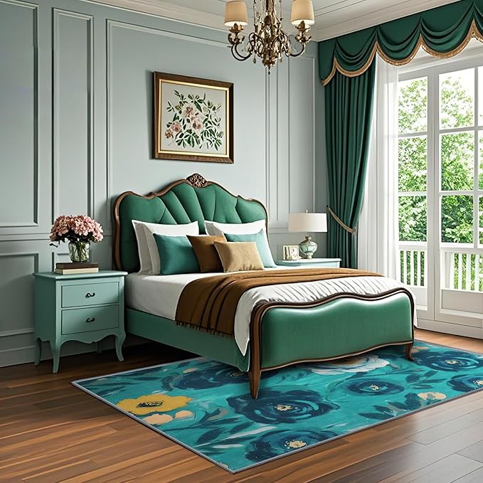 6x9 Camellia Floral Rugs, Modern Washable Flower Pattern Area Rug for Bedroom, Soft Large Non-Slip Kitchen Carpet Floor Door Mat for Living Room Dining Room Office - Teal