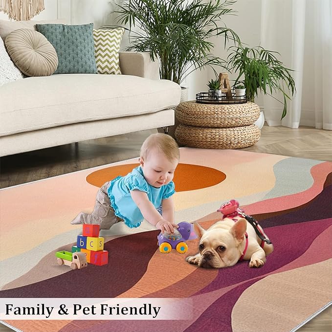 Boho Sun Area Rugs 6x8ft, Minimalist Line Living Room Area Rug, Geometric Solar Play Rug with Carpet Tape Double Sided for Bedroom Office Home Decor