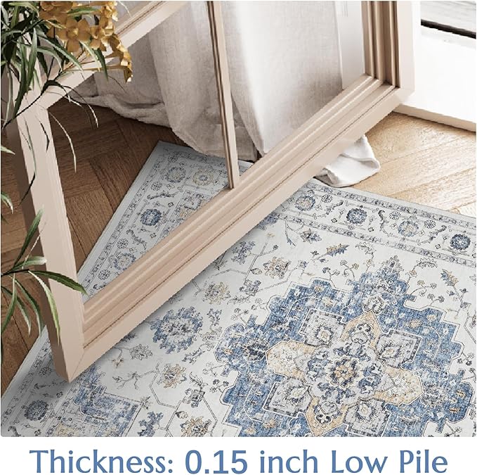 jinchan Area Rug 3x5 Vintage Washable Entryway Rug Floral Medallion Floor Cover Lightweight Non Slip Thin Retro Classic Soft Boho Farmhouse Carpet for Living Room Bedroom Dining Room Kitchen Blue