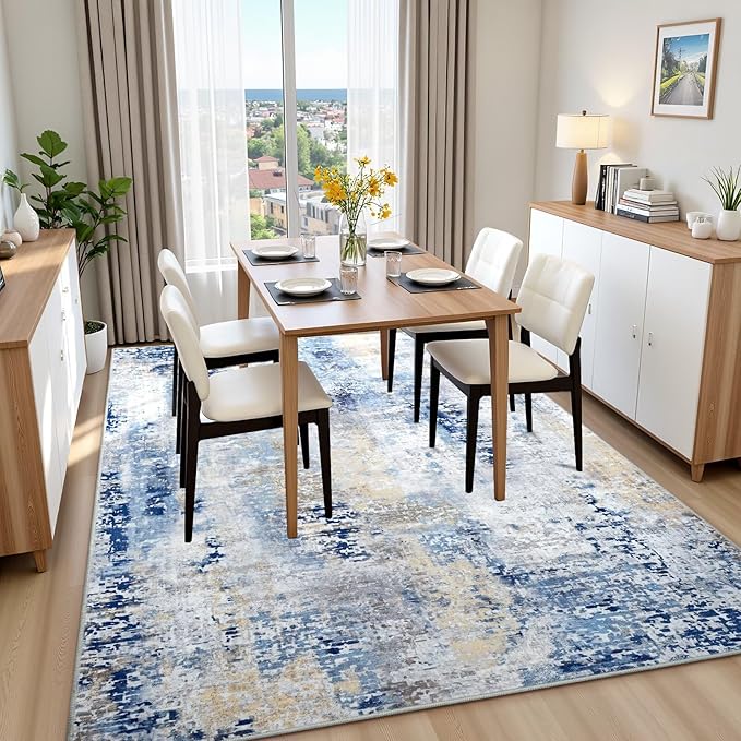 Washable Abstract Rug, 3x5 Modern Area Rugs with Non-Slip Rubber Backed for Bedroom, Thin but Soft Contemporary Carpet Kitchen Living Room Decor, Midnight Blue