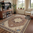 5x7 Mousse Brown Area Rug for Living Room, Machine Washable Rugs with Non-Slip Backing for Bedroom, Vintage Medallion Carpet Dining Room Office Kids Room Decor