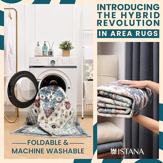 Istana Area Rug 2x4 - White Cream & Blue 2x4 Washable Rug Non Slip - Pet Friendly Living Room Rug - Non Shedding Washable Rugs for Bedroom - Foldable Bathroom Rugs