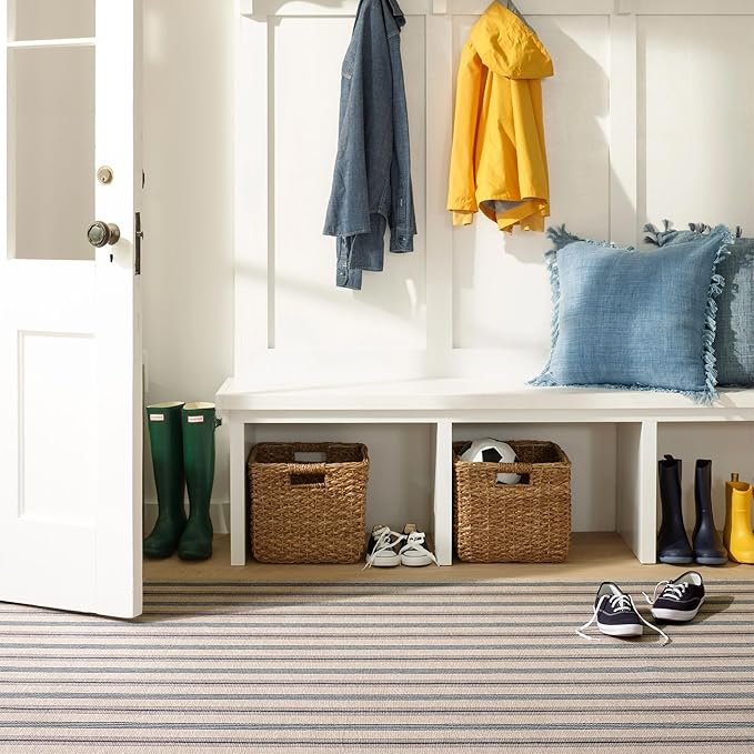 Dash and Albert Nimes Ticking Machine Washable Area Rug - 4' x 6' Neutral Stripe Washable Accent Rug - Durable, High Traffic Areas Kitchen, Mudroom, Hallways