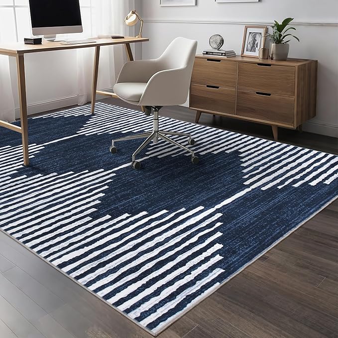 HelloTree Area Rug for Living Room 5x7 Washable Geometric Moroccan Rug Stripe Farmhouse Bohemian Minimalistic Non Slip Non Shedding Ultra Thin Soft Rug for Bedroom Office DiningRoom Nursery-Blue