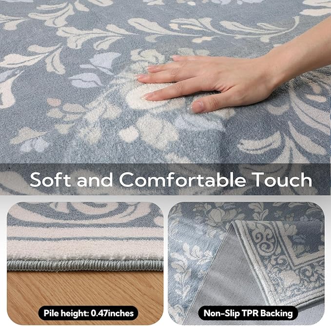 SOULFUL Medium Pile 4x6 Rugs for Living Room - Soft Underfoot Area Rug - Greige Boho Floral - Washable Non-Slip - Perfect for Bedroom Kids Room Under Dining Table Office