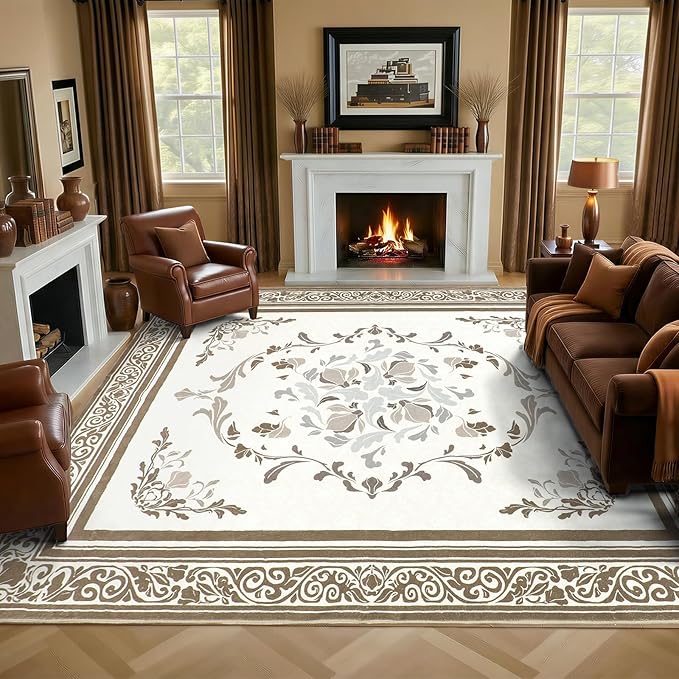 SOULFUL Medium Pile 8x10 Rugs for Living Room - Cozy Soft Underfoot Large Area Rug - Brown Boho Floral - Washable Non-Slip - Perfect for Bedroom Kids Room Under Dining Table Office