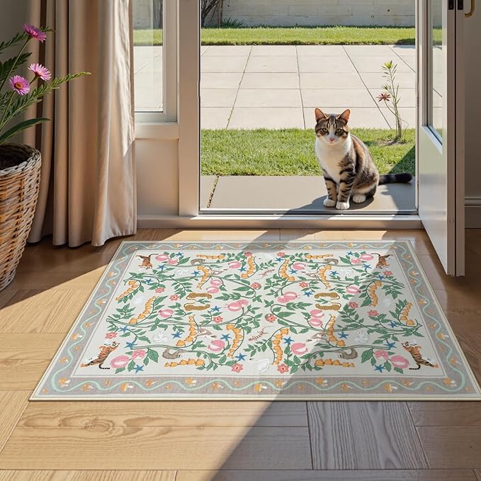 Collive 2x3 Rugs for Entryway, Small Washable Jungle Animal Door Mat Indoor Entrance Non Slip Kitchen Rug for Bathroom, Soft Ultra-Thin Throw Carpet for Bedroom Entry Home Decor, Beige