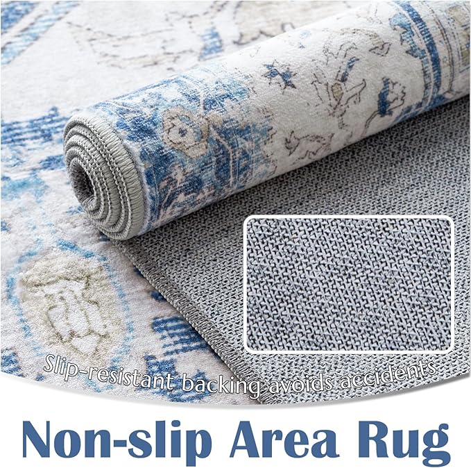 jinchan Kelda Area Rug 3x5 Washable Entryway Rug Vintage Soft Indoor Floor Cover Retro Distressed Mat Accent Lightweight Non-Slip Thin Carpet for Kitchen Bathroom Living Room Bedroom Blue