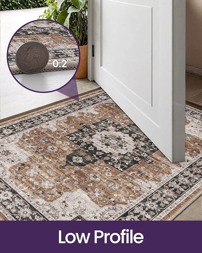 DEXI Area Rugs for Entryway 1'5"x2'6", Washable Low Pile Vintage Traditional Entry Rug Non Slip, Small Indoor Door Mat for Bedroom Kitchen Entrance Hallway, Brown