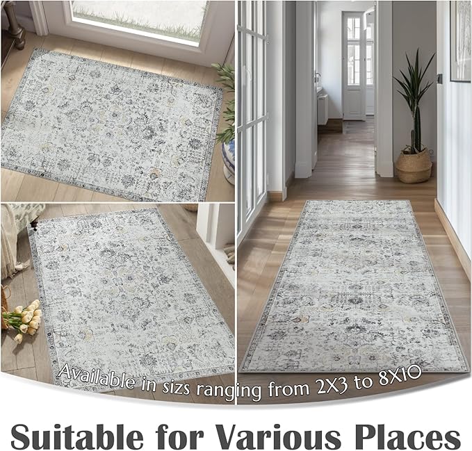 jinchan Kalen Runner Rug 2x6 Washable Area Rug Soft Vintage Hallway Indoor Floor Mat Thin Retro Distressed Carpet Grey Floral Country Non Slip Bathroom Kitchen Bedroom Living Room