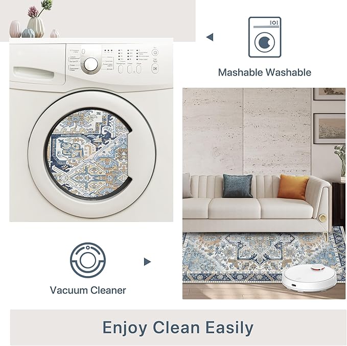 5x7 Area Rug Machine Washable Boho Rug for Living Room,Ultra-Thin Low Pile Carpet,Lightweight Indoor Printed Rug,Non Slip Floral Area Rug for Bedroom, Dining Room, Home Office,Blue