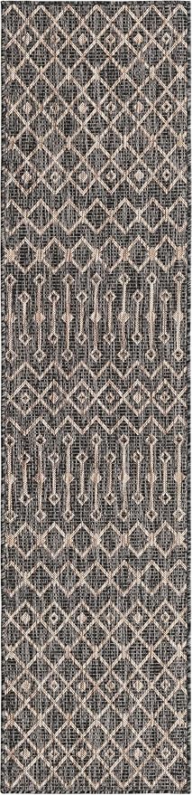 Unique Loom Outdoor Trellis Collection Area Rug - Tribal Trellis (2' x 8' Runner, Charcoal Gray/ Natural)