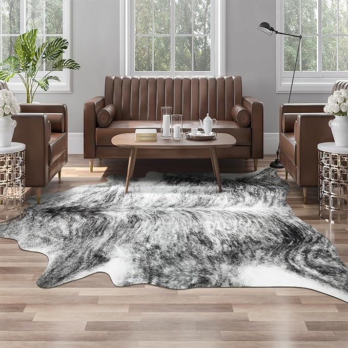 AROGAN Western Decor Faux Fur Cowhide Rug, 3.6 x 2.3 Feet Premium Animal Skin Cow Hide Rug, Sturdy Cow Print Rugs for Wall Decor, Western Floor Carpet for Bedroom Living Room, Black and Grey