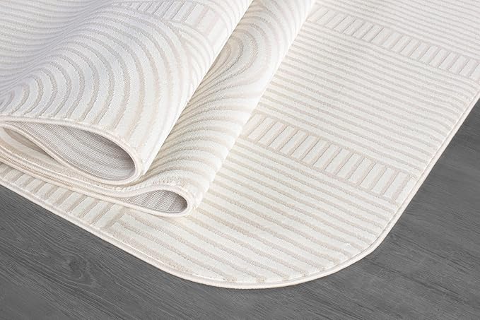 Beverly Rug Modern Geometric Area Rug 8x10 Low-High Pile Durable Soft Abstract Semi-Circles Indoor Rugs for Living Dining Room Office Stain Resistant Non Shedding Indoor Carpet Beige White 8 x 10