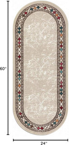 Antep Rugs Alfombras Modern Bordered 2x5 Non-Skid (Non-Slip) Low Profile Pile Rubber Backing Kitchen Area Rugs (Beige, 2' x 5' Oval)