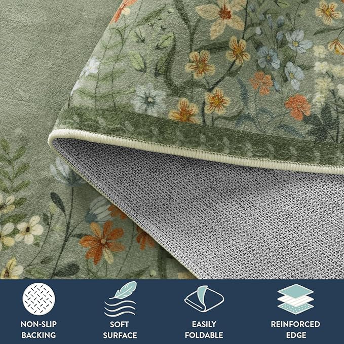 Lahome Boho Floral Green Washable 5x7 Area Rugs for Living Room, Non Slip Rugs for Bedroom, Indoor Throw Dining Room Carpet for Under Table Entryway Kitchen Office(Green,5x7)