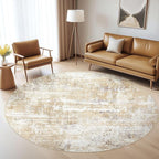 Round Rug Living Room Rugs: 4x4 Washable Circle Abstract Modern Soft Stain Resistant Non-Slip Indoor Floor Carpet for Bedroom Entryway Nursery Office Dorm Home House Decor- Gray Gold