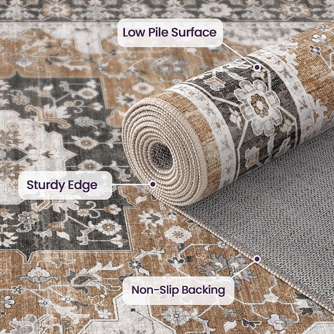 DEXI 5x8 Area Rug for Living Room, Washable Vintage Farmhouse Thin Rug Indoor Floor, Non Slip Stain Resistant Low Pile Carpet for Dining Room Bedroom Office, Brown
