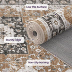DEXI 4x6 Area Rug for Living Room, Washable Vintage Farmhouse Thin Rug Indoor Floor, Non Slip Stain Resistant Low Pile Carpet for Dining Room Bedroom Office, Brown