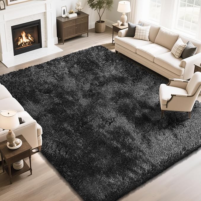 Fluffy Rug Shaggy Area Rug, Black 9x12 Area Rugs for Living Room, Large Shag Area Rugs for Bedroom Kids Room Home Decor, Upgrade Anti-Skid Rectangular Fuzzy Rugs