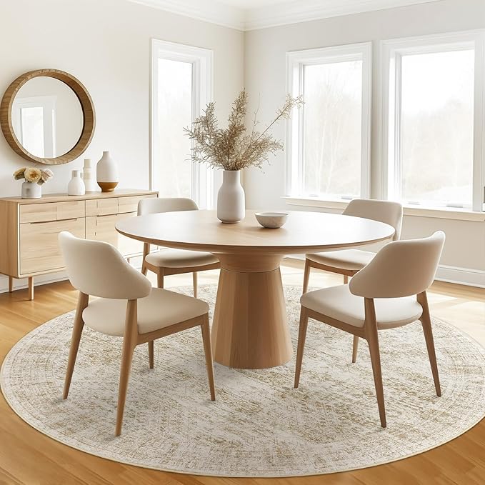 9x9 Beige Round Rug 9ft Living Room Circle Rug Vintage Round Area Rug Non Slip Indoor Carpet for Apartment