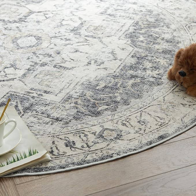 jinchan Kelda Round Rug 4ft Washable Area Rug Indoor Vintage Floor Cover Distressed Circle Mat 4' Round Lightweight Non Slip Low Pile Thin Carpet for Entryway Kitchen Living Room Bedroom Grey