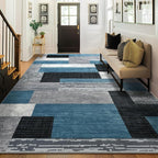 Large Area Rugs,Modern Geometric Patchwork Floor Decor for Bedroom Aesthetic Carpet, Rockwood Collection, Indoor Rugs for Living Room, Dining Room, Nursery, Office, Machine Washable Rug,8x10 Ft Blue