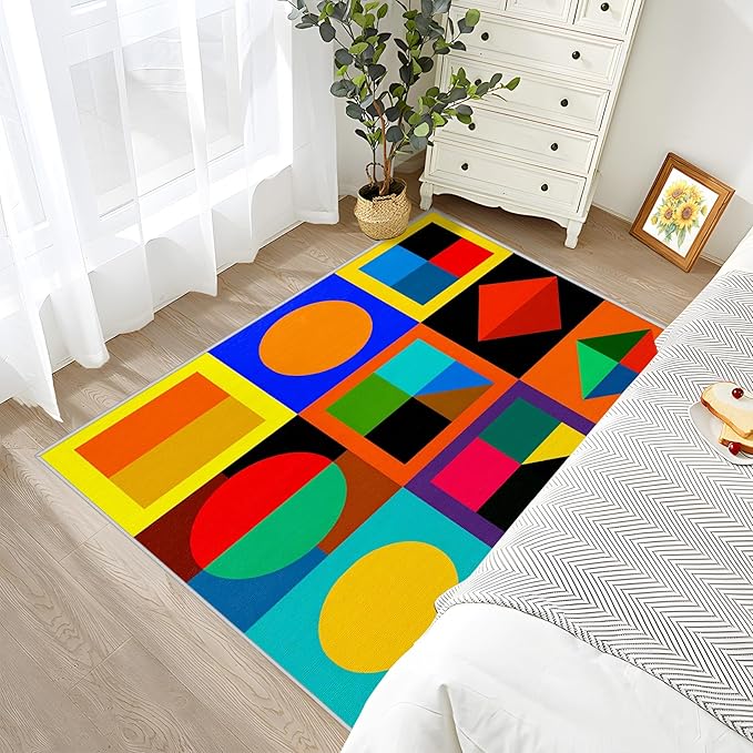 6x9 Rug Washable - Geometric Rug for Bedroom, Colorful Abstract Modern Funky Non Slip Low Pile Area Rugs for Living Room, Geometric Carpets Home Decor & Gifts