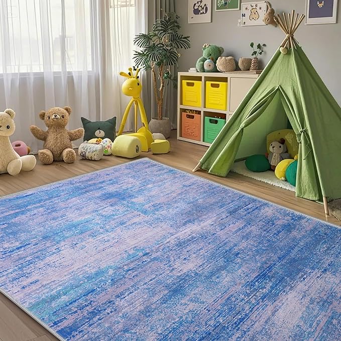 5x7 Abstract Area Rugs for Living Room, Modern Washable Indoor Rug for Bedroom, Thin Soft Large Non-Slip Carpet for Dining Room Home Office Farmhouse Decor - Abstract Blue Purple