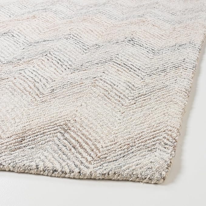 Modern Herringbone Chevron Collection Handcrafted Wool Area Rug - Durable, Zigzag Pattern, for High Traffic, Contemporary Design for Living Room, Bedroom, Dining Room Decor (Ivory-Multi, 5' round)