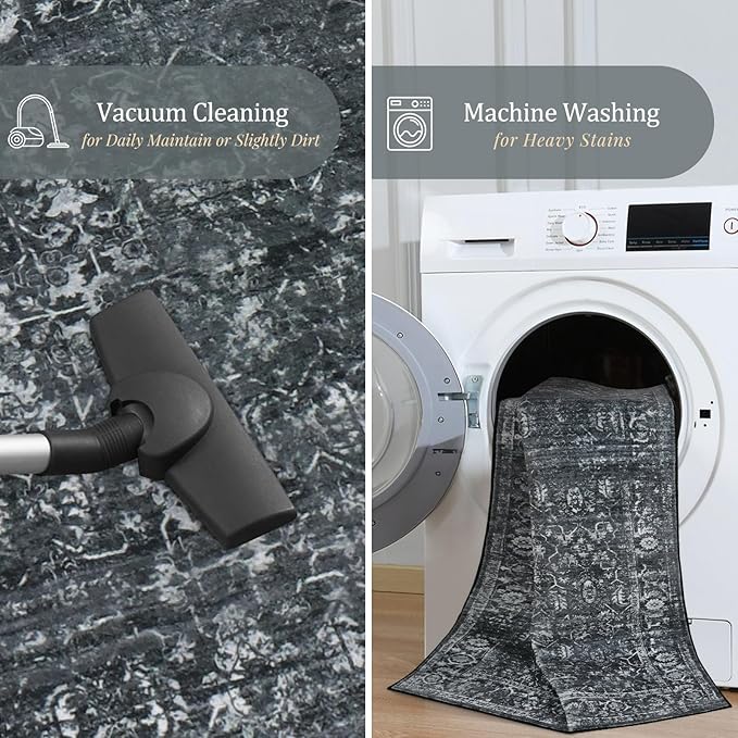 Morebes Black Vintage Carpet Runners for Hallway 12ft,Washable Long Runner Rug for Kitchen Indoor Floor Non-Slip,Distressed Super Soft Throw Carpet for Entryway Bathroom Dining Room Playroom