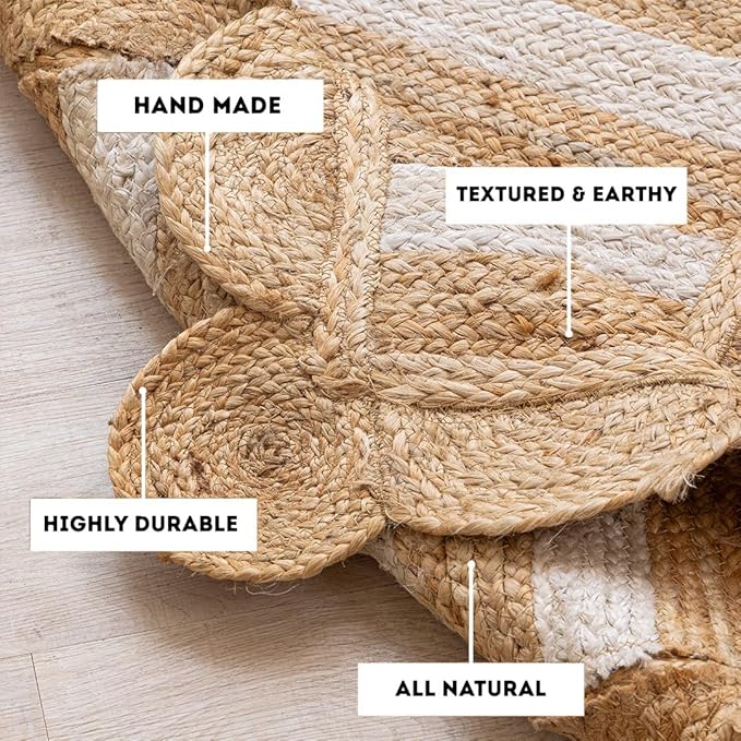 HOMEMONDE Scalloped 2'x6' Jute Runner Rug - Natural Braided Fiber - Handmade Boho Farmhouse Style Décor - Rustic Vintage Sustainable Area Rug for Entryway, Hallway, Kitchen, Bedroom, Living Room