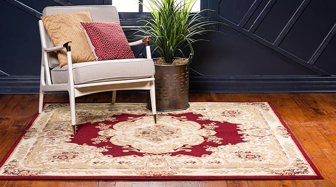 Rugs.com Chateau Collection Rug – 10' Square Red Medium Rug Perfect for Living Rooms, Kitchens, Entryways