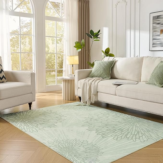 WITSHOCK 5x7 Washable Rug for Living Room,Modern Floral Distress Print Pattern Area Rugs,Stain Resistant with Non Slip Backing Carpet for Dining Room,Bedroom & Home Decor,Green/Light Green