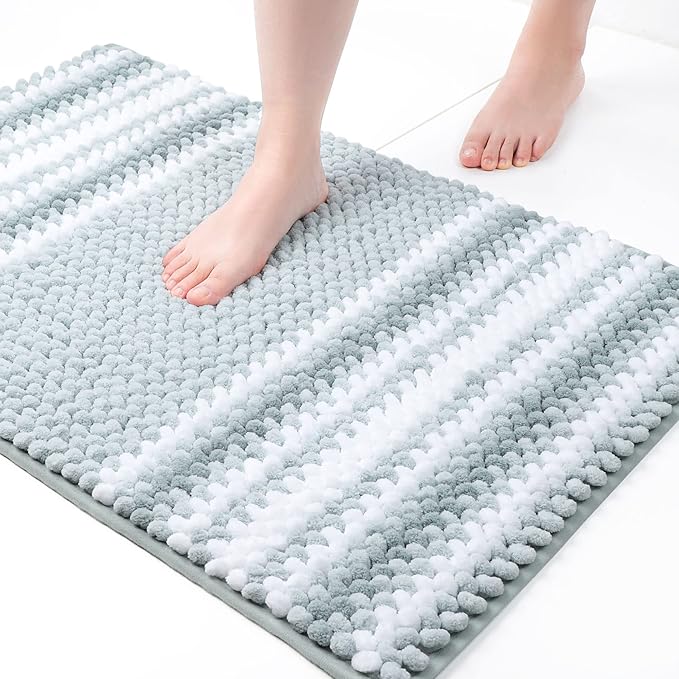 PiccoCasa Chenille Bathroom Rug, Soft Fluffy Absorbent Bath Mat, Medium Pile Striped Carpet Washable Non Slip Bathroom Floor Mats(20"x32",Light Blue & White)