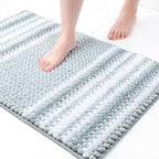 PiccoCasa Chenille Bathroom Rug, Soft Fluffy Absorbent Bath Mat, Medium Pile Striped Carpet Washable Non Slip Bathroom Floor Mats(20"x32",Light Blue & White)