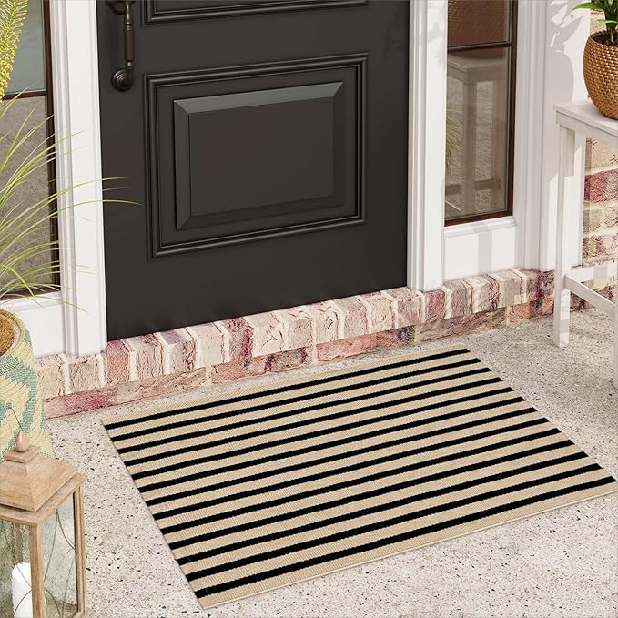 Black and Tan Outdoor Rug 24"x35", Washable Reversible Striped Front Door Mat,Cotton Hand-Woven Layered Door Mats Farmhouse Throw Rugs for Entryway Porch Decor Home Entrance