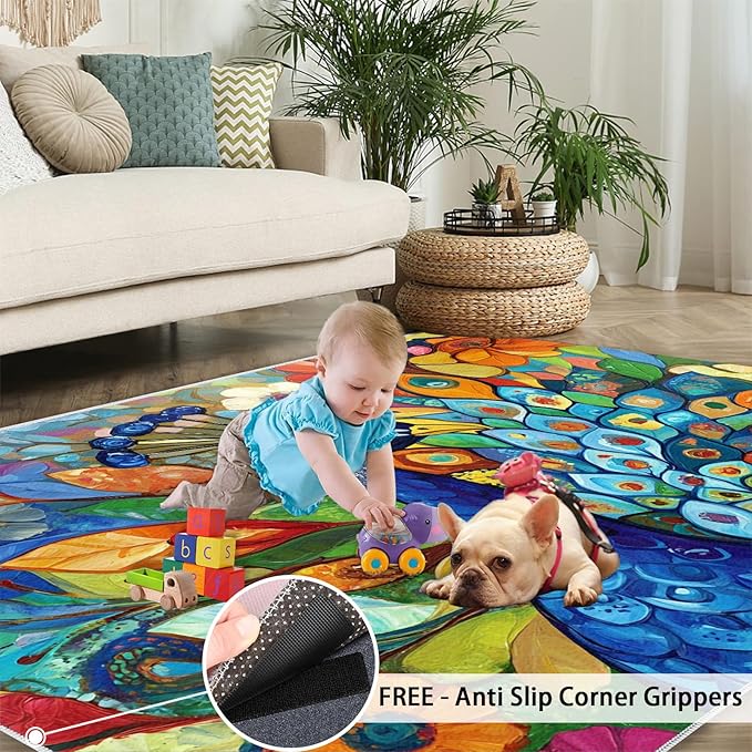 Boho Peacock Rug Large - 5x6 Rug, Colorful Peacock Washable Rugs for Living Room, Teal Turquoise Carpet, Modern Style Non-Slip Area Rugs for Bedroom, Aesthetics Carpet - Peafowl Home Decor & Gifts