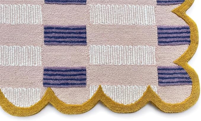 Hand-Tufted Wool Rug with Scalloped Edges, Light Blue Plaid Pattern, Cozy Soft Area Rug for Living Room, Bedroom, and Nursery, Handmade Modern Accent Rug (Pink, 12X15 FEET)