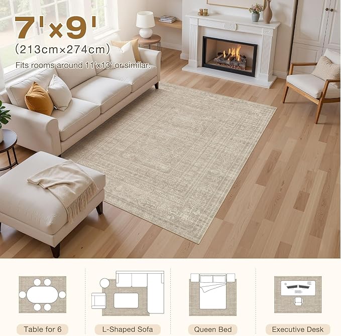 7x9 Area Rug Living Room: Washable Large Vintage Rug Neutral Non-Slip Soft Stain Resistant Indoor Carpet for Bedroom Nursery Dining Room Under Table Bed Home House Office Playroom - Brown